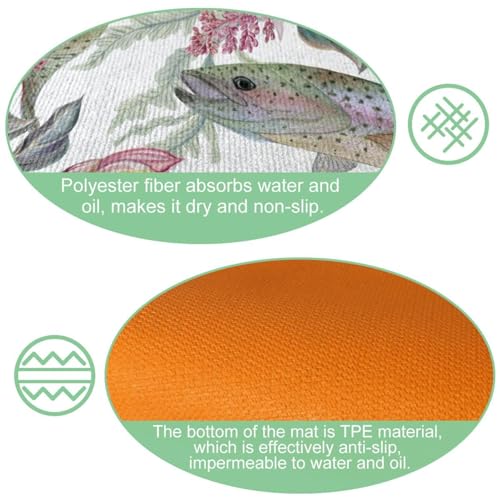 Tapete de cocina de 2 piezas con diseño de trucha y flores alfombra antideslizante lavable 6