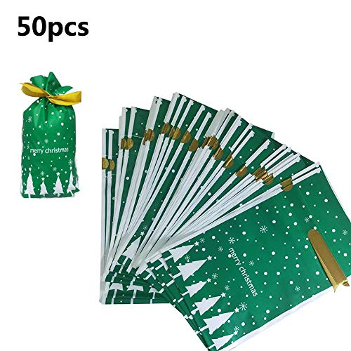 Preisvergleich Produktbild Happt 50PCS Weihnachtssüßigkeit-Beutel Mit Farbband Mit Weihnachtselement-Muster Für Weihnachtsdekoration