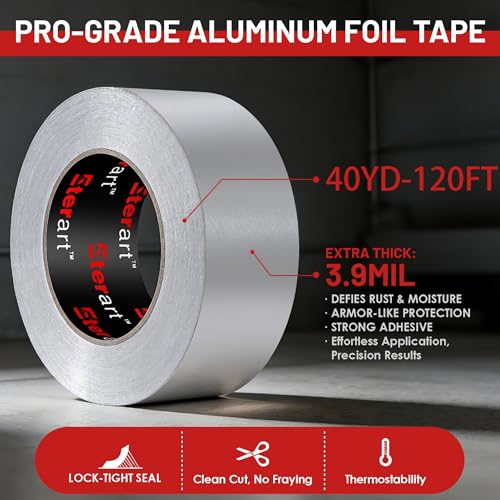 Image of ETERART Aluminum Foil Duct Tape, High-Temp Seal for HVAC,2 inch x 40Yds | Heavy Duty, Patching,Air Ducts,Metal Repair, Foamboard,Insulation,Dryer Vent and More,Silver, easy to apply, residue-free