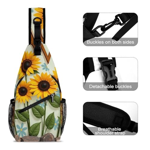 Men's Small Day Pack, Cross Body Sling Bag, Travel Hiking Fashion Chest Bag Retro Sunflower3