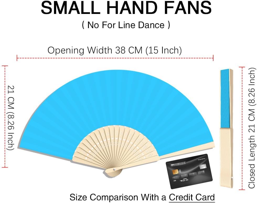 12 Pcs Paper Folding Hand Fan, 8.26 Inch Portable Small Handheld Wedding Fan Bulk for Wedding Guests, Party Favors, Bridal Baby Shower Decorations, 3BlueShades (No Clacking)
