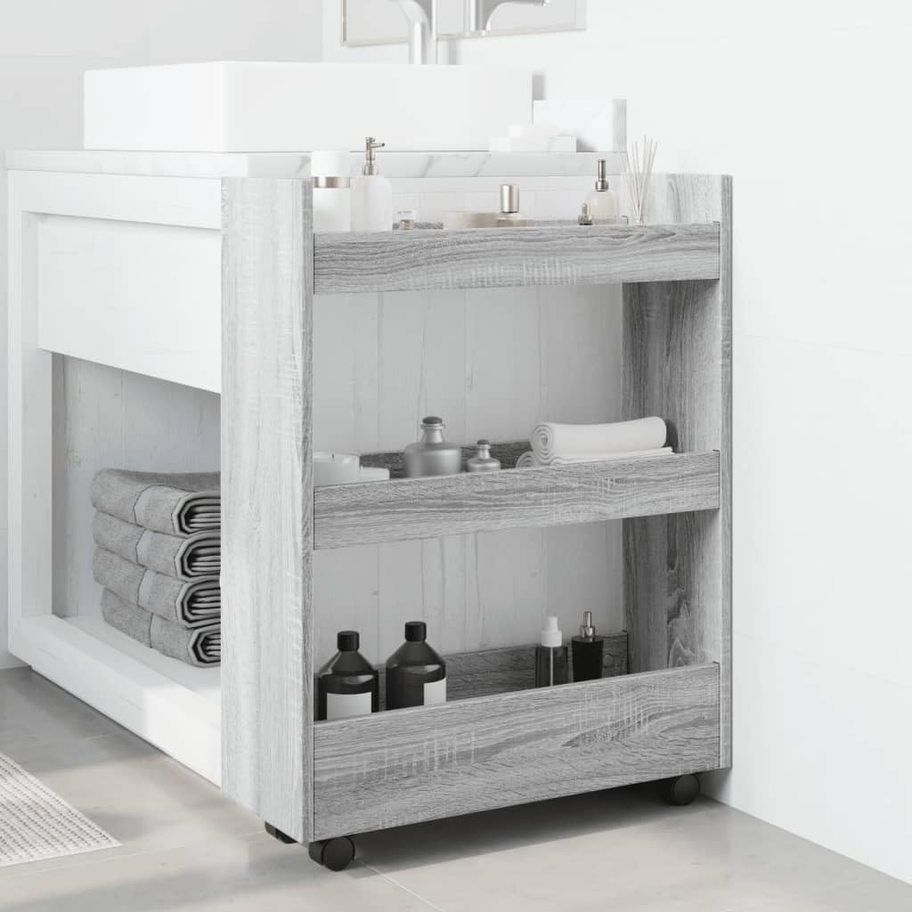 Carro de almacenamiento estrecho de 3 niveles, carrito de madera con ruedas, para cocina, baño, salón, gris, Sonoma, 60 x 22 x 80 cm