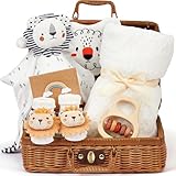Baby Geschenk Junge Mädchen, Neugeborenen Geschenk Geburt Junge Mädchen Babygeschenke mit Baby Schmusetuch mit Löwe, Babydecke, Lätzchen, Socken, Holzrassel, Babyparty Geschenkbox Baby Shower Party