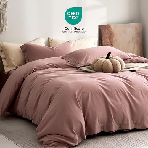 Image of JELLYMONI 100% Washed Cotton Duvet Cover King - Soft, Breathable Linen-Look Bedding with Natural Wrinkle Texture, Button Closure, 3-Piece Set (Darker Rose, 104 inchx90 inch)