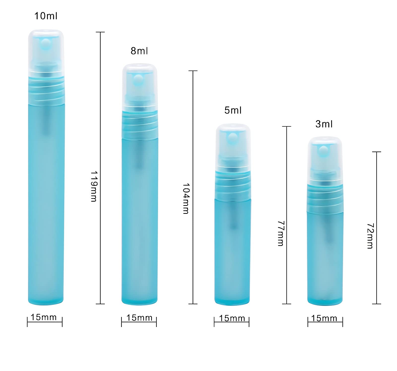 50 Piezas 10ml Botella de Spray Vacía Plástico Transparente Mate Atomizador de Viaje Conjunto de Botellas, con Pulverizador de Niebla Fina para Aromaterapiacon 5 Embudos