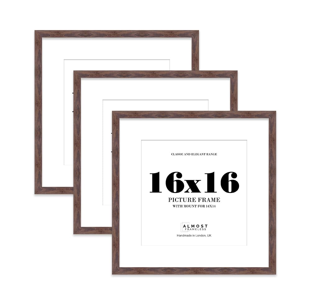 16x16 Walnut Picture Frame with Mount for 14x14 Photos, Prints - Modern Square Wall Frame, Set of 3