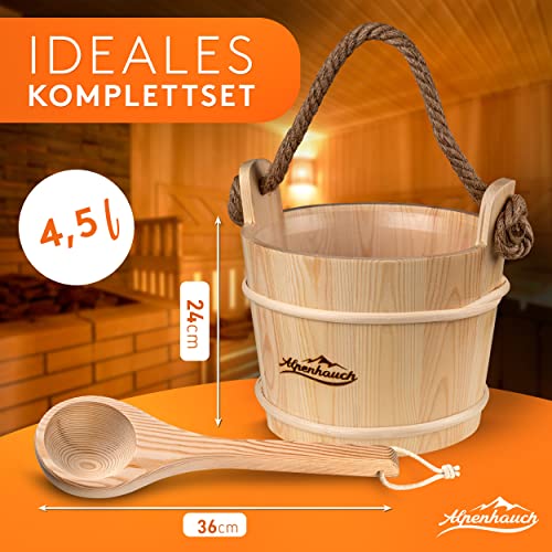 ALPENHAUCH Sauna Eimer mit Kelle [100% Naturholz] - Edler Saunakübel mit Kelle - Langlebiges Sauna Zubehör - Aufgusseimer Set