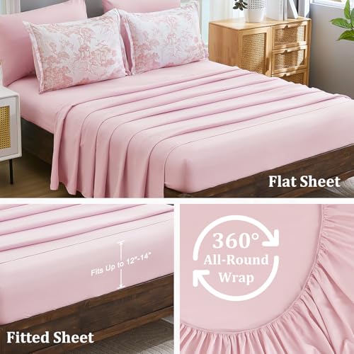 Image of DJY Queen Size Comforter Sets, Pink Botanical Comforters with Sheets 7 Pieces Bed in a Bag Queen Elegant Plants Print Christmas Soft Microfiber Reversible Complete Bedding Sets for All Season