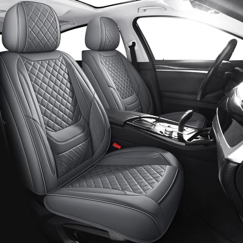 Chezope Car Seat Covers Full Set, Grey Leather Seat Covers, Breathable Front and Back Car Seat Protectors, Wear-Resistant Seat Covers Universal Fit for Most Cars SUV Truck (Grey-Diamonds, Full Set)