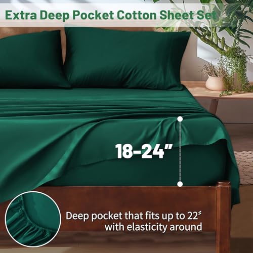 Image of Extra Deep Pocket Queen Sheets 18-24 Inch 100% Egyptian Cotton 1000 Thread Count Sateen Weave Soft Breathable 4 Pieces(Queen,Dark Green)