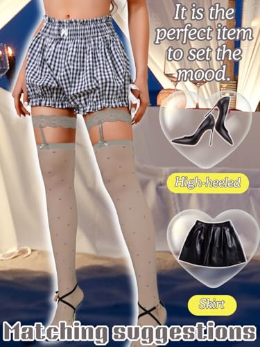 Image of ShawGobow Heart Thigh High Stockings,Petite Size Sheer Mesh Garter Stocking,Sexy Knee Highs For Women Vday Date Fits 00-6