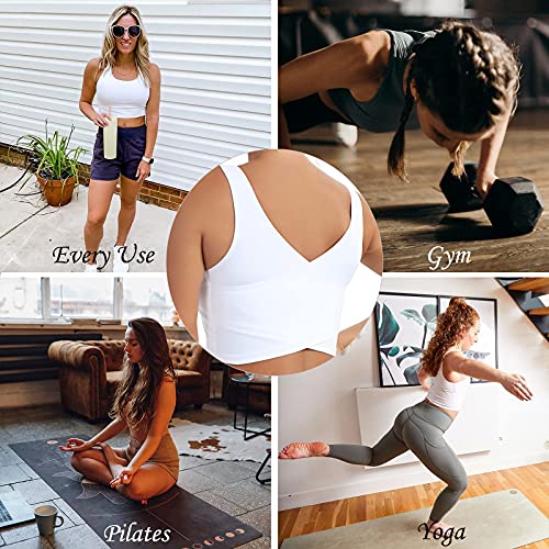 MATHACINO Longline Sports Bras for Women, V-Neck Workout Padded Sports Yoga Bra Aesthetic Sports BraTank Tops Crop Top White - Image 4