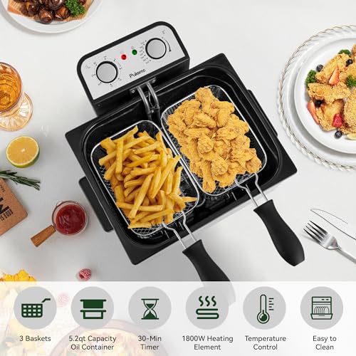 Image of SUSTEAS Deep Fryer, 3 Baskets Electric Oil Fryer with 4.5QT /5L,1800W Timer Control Adjustable Temperature, Lid with Viewing Window and Odor Free Filter, Stainless Steel, Perfect for Kitchen,Fry Fries
