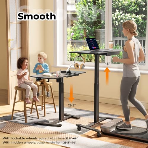 Image of Mobile Standing Desk with Drawer, 40 inch Small Standing Desk with Cup Holder, Rolling Laptop Workstaion on Wheels, Height Adjustable Table with Storage for Home Office, Black