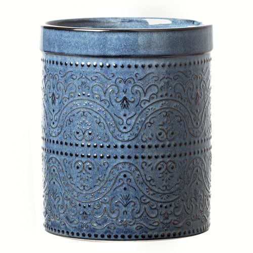 Kitchen Utensil Holder, 7 Inches Large Ceramic Utensil Holder for Countertop, Lace Emboss Cooking Utensil Crocks for Kitchen, Home Decor, Reactive Blue