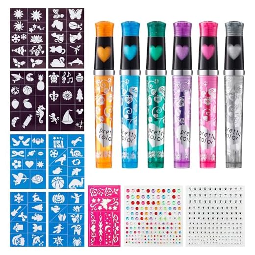 Rotuladores Tatuajes Temporales Niños, Kit de Tatuajes Temporales de 6 colores, 8 plantillas (80 patrones de tatuajes) y pegatinas de diamante de doble cara,adecuado para fiestas