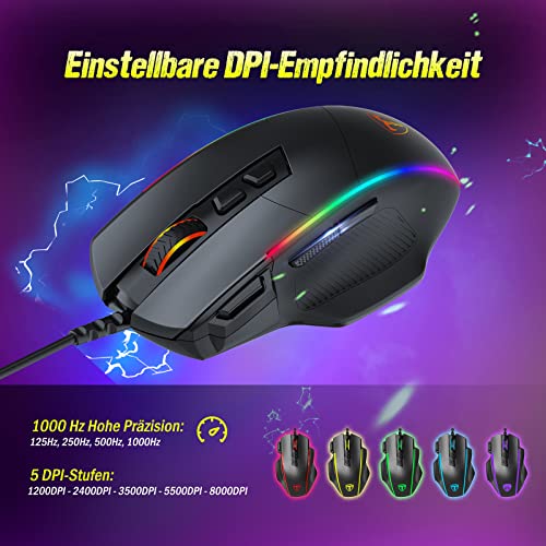 RGB Gaming Maus, ergonomische PC Maus mit Kabel, Chrom RGB Hintergrundbeleuchtung, 8000 DPI einstellbar, 8 programmierbare Tasten, Feuertaste, optische Computer Maus Gamer für Windows Mac (Schwarz) - Image 4