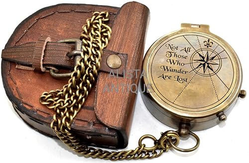 Brújula de bolsillo vintage en latón sólida con funda de cuero miniatura 5