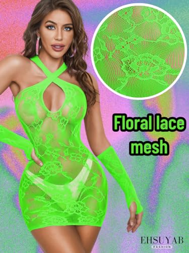 Ehsuyab 977 Sexy Dresses For Women Clubwear,Sheer Fishnet Poster Dancewear Bodycon Dress,Festival Going Out Rave Club Dancer Boudoir Blacklight Glow In The Dark Exotic Outfit One Size Plus Size Neon Green thumb #3