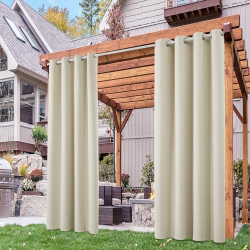 Deconovo Gardinen Outdoorvorhänge Terrassen Sichtschutz Vorhang Outdoor Wetterfest Sonnenschutz Vorhänge mit Ösen Wasserdicht für Balkon Pavillon, 214x132 cm(HöhexBreite), Hellbeige, 2er Set