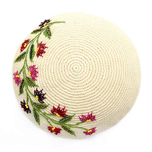 Cream & Red Floral Crochet & Embroidered Womans Kippah - Ladies Yarmulke