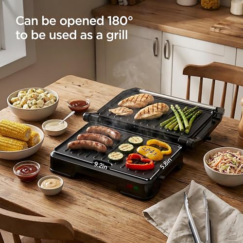 Image of KEINVE Panini Press Grill & Sandwich Maker - 2-Slice, 180 Adjustable Hinge, 900Watt Electric Grill Non-Stick Cast Aluminum Plates for Panini, Steak, Bread & More, Easy to Clean, Perfect for Kitchen