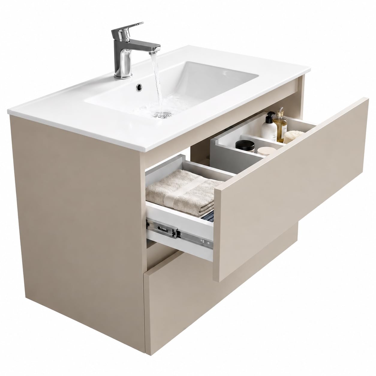 Waschbecken mit Waschtischunterschrank CALPE Breite, wandhängend mit Schubladen, Keramikwaschbecken, Farbe: Kaschmir Beige, Matt (Kaschmir, 80)