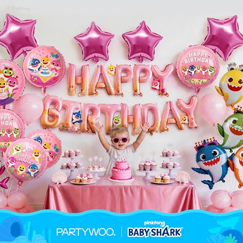 Image of PartyWoo Baby Shark Pink Happy Birthday Banner Letter Balloons 16 Inch Pink Mylar Foil Letter Balloons for Girls and Boys Baby Shark Under the Sea Ocean Theme Kids Birthday Party Decorations