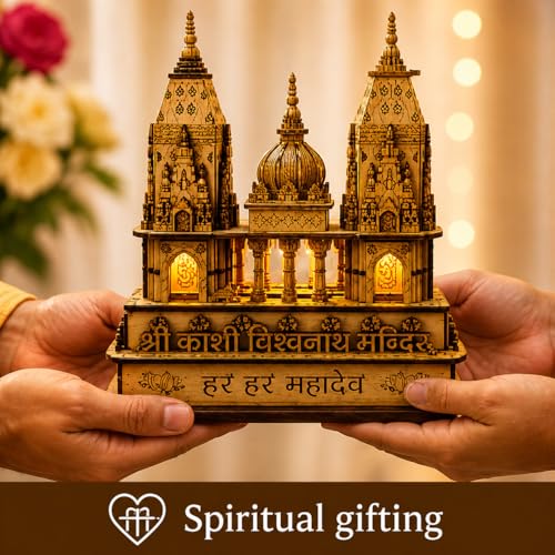 Image of VISHUFAB Wooden Kashi Vishwanath Temple Model | Handcrafted Religious Showpiece | Traditional Home & Office Decor