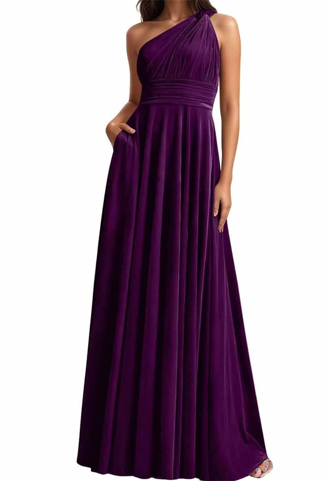 Wseyu Women's Purple A Line Velvet Bridesmaid Dresses One Shoulder Party Prom Evening Gowns With Pockets Maid Of Honor Gown Zmki366 Uk16