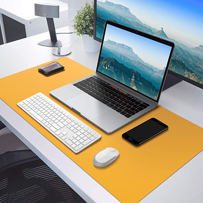 Image of Aropana Vegan Leather Desk Mat | Large Reversible Mouse Pad & Computer Table Protector | Dual-Side Waterproof Extended Laptop Pad with Edge-Stitched Design (80x40 cm, Navy Blue and Yellow)