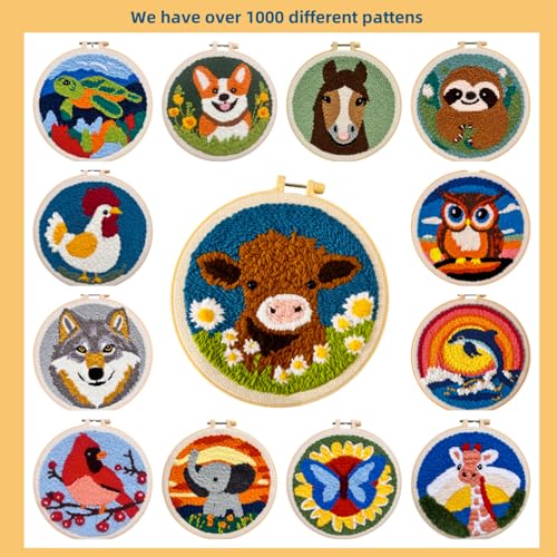 Image of DIY Punch Needle Kits Highland Cow with Daisy Flower with Hoop 20x20cm-1 | with Pattern Stamped Easy for Beginners Embroidery Punch Needle Starter Craft Set for Adults Festival Gift and Decoration