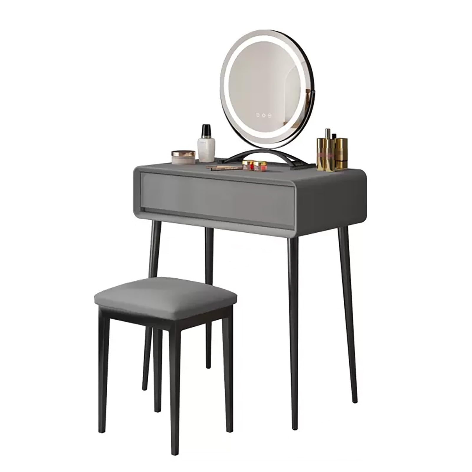 asdchZen Stylish Makeup Vanity Desk With 360°Rotating Mirror, Microfiber Leather, Makeup Dresser Set With Stool, Carbon Steel Legs, Modern Dressing Table,Grey-70cm/27.5in