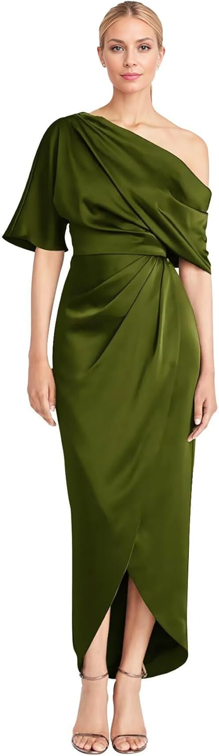 Everlong One Shoulder Satin Mother of The Bride Dresses Short Sleeve Formal Party Gowns for Women with Slit EL015