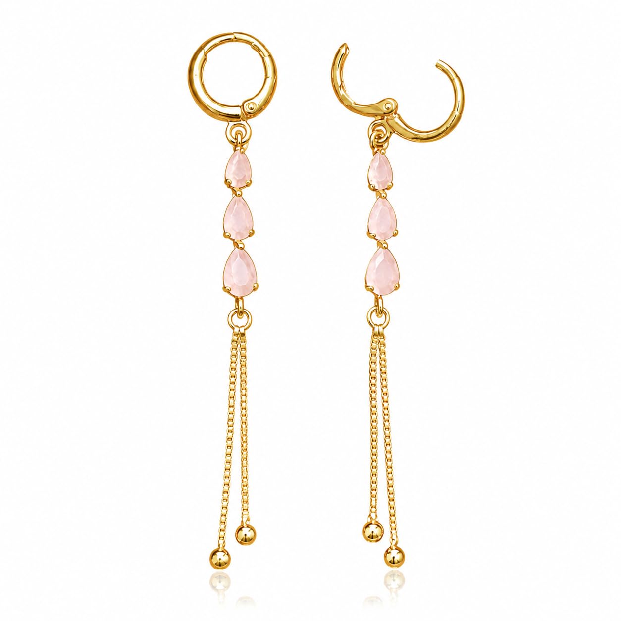 Gold Plated Pink Teardrop Tassel Drop Earrings-picture-34