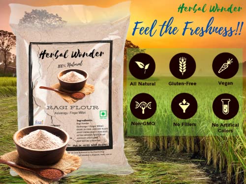 Image of Herbal Wonder Ragi Atta, Ragi Flour, Kelvaragu, Non-GMO, Gluten-Free, Chakki Ground Atta, No Added Sugar and Preservative Finger Millet Organic Ragi Flour for Dosa, Idly and Puttu (5 Kg)