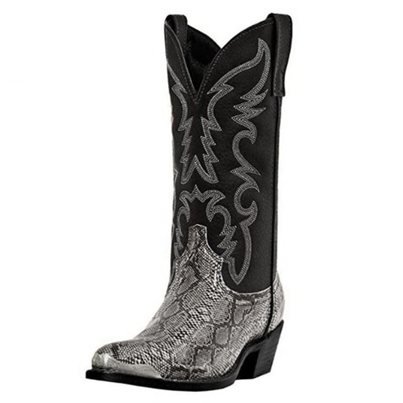 Winter Boots For Men High Tube Embroideried Stitched Western Cowboy Boots Chunky Heel Mid Calf Work Boots