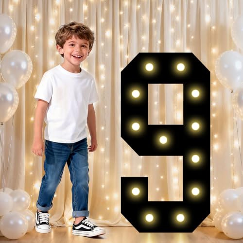 Image of Pooqla 9th Birthday Decorations for Boys, 2.4FT Light Up Numbers | Marquee Numbers Black Party Decorations, Large Lighted Number Gifts for Boys 19th 90th Anniversary Decoration Party Backdrop