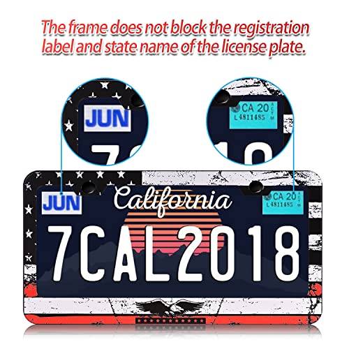 Image of License Plate Frame for U.S.-spec License Plates 2 Pack with Screw Caps, USA Flag with Eagle Style, Newly Upgraded Aluminum Material