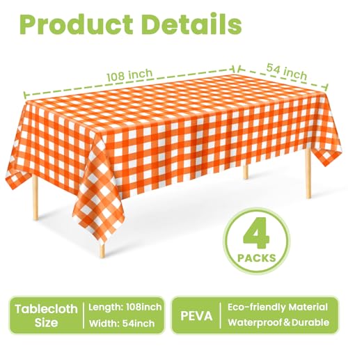 Image of Mulbozy Orange Gingham Tablecloth 4 Pack, 54 x 108 Inch Plastic Table Cloth Disposable, Orange and White Checkered Table Cover for Party Supplies