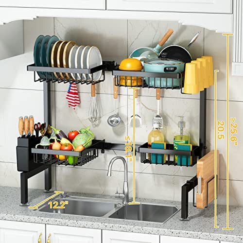 PurKeep Dish Drainer Rack - Over the Sink Dish Drying Rack with 4 Basket, 2-Tier Expandable (24.8 "-35.4") Kitchen Dish Rack with Metal Hook, Black - Image 5