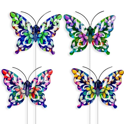 SUNREEK 4Pcs Butterfly Garden Stakes Decor, Colorful Butterflies Decorations, Metal Yard Art for Outdoor Lawn Porch Pathway Yard Patio Plant Pot Ornaments (Butterfly- D)