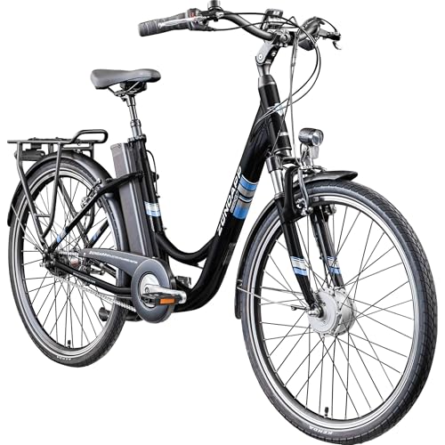 ZÜNDAPP E Bike City 26 Zoll | Elektro Fahrrad für 140-165 cm | 7 Gang Ebike Vorderrad Motor | E-Bike Elektrofahrrad mit Beleuchtung | Retro Hollandrad Green 3.7 (schwarz/blau, 46 cm)