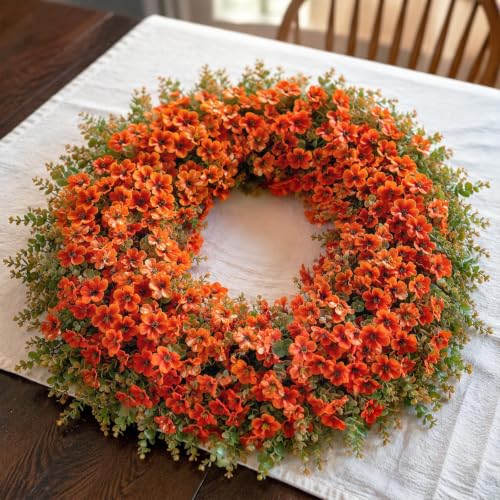 Image of 32 inch Large Artificial Silk Flower Eucalyptus Wreath for Outdoor(Fall Orange) | Large Silk Wreath, Faux Starry Sky Morning Glory Flowers&Eucalyptus Leaves, for Porch /Wall /Window /Farmhouse /Autumn Decoration