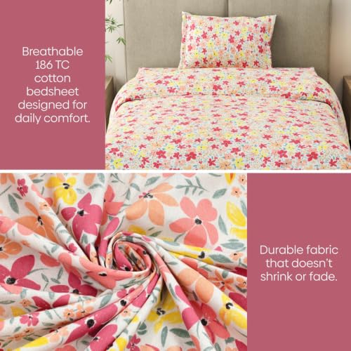 Image of Haus & Kinder Single Bedsheet for Single Bed with Pillow Cover Pure Cotton 186 TC | Soft & Silk Bedsheet for Single Bed |58 x 98 Inches - Sunlit Blossom Meadow