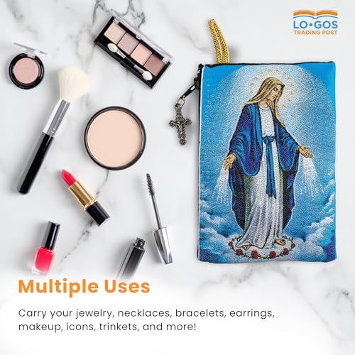 Image of Catholic Rosary Pouch, 4 inch x 6 inch Jewelry & Coin Purse with Cross, Small Woven Tapestry Icon Bag, Bolsa de Rosario Catolico para Joyeria, Our Lady of Grace & Miraculous Medal Symbol, 4 inch x 6 inch
