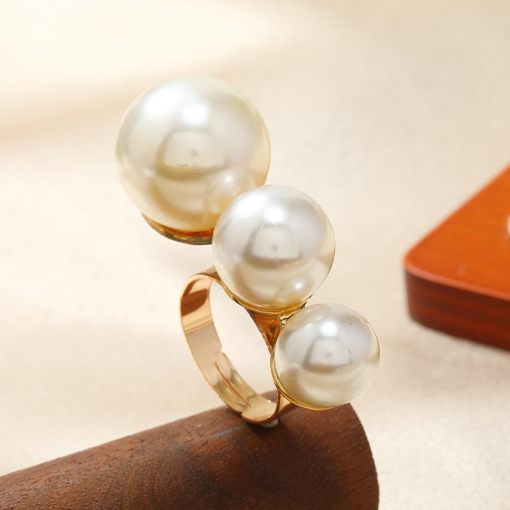 Dtja Round CZ Shell Pearl Statement Ring for Women Gold-Plated Fashion Adjustable Engagement Promise Crystal Big White Balls Open Wrap Finger Rings Comfort Fit Wedding Holiday Jewelry (Shells) - Image 4