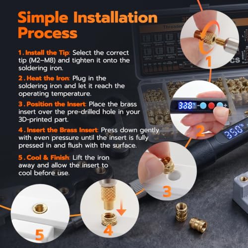 Image of 60W Digital Soldering Iron Heat Set Insert Tool with Heat Set Insert Tips and 100 Pcs M3x4x4.5 Threaded Inserts