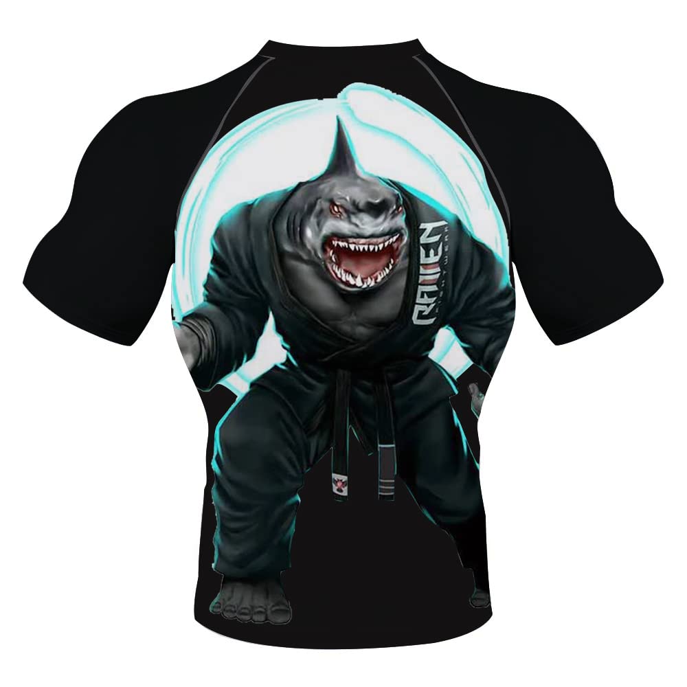 DEHAHA Mens Shark BJJ Rash Guard Running T Shirts Lightweight Undershirt, Medium