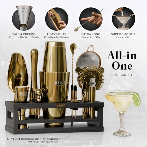 BARE BARREL® Mixology Bartender Kit Bar Set | 16-Piece Cocktail Shaker Set | Martini Barware Mixing Tools for Home Bartending | Incl. 35 Recipe Cards | Gift Set (28oz Boston Shaker, Gold/Black)